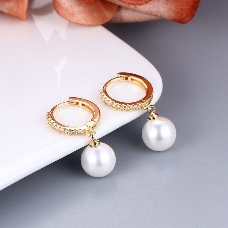 Pearl & Zircon Inlaid Shell Bead Earrings