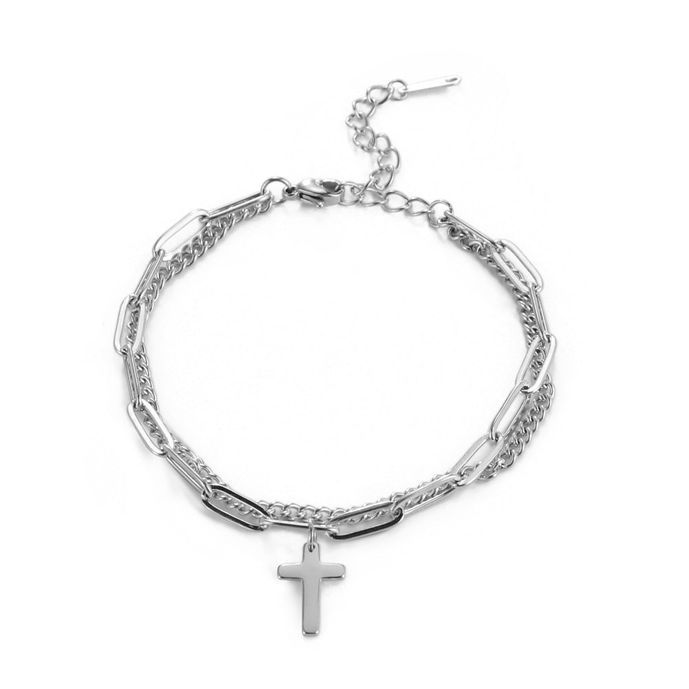 Double Layer Cross Chain Bracelet in Titanium Steel