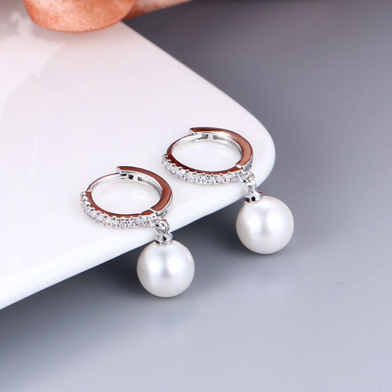 Pearl & Zircon Inlaid Shell Bead Earrings