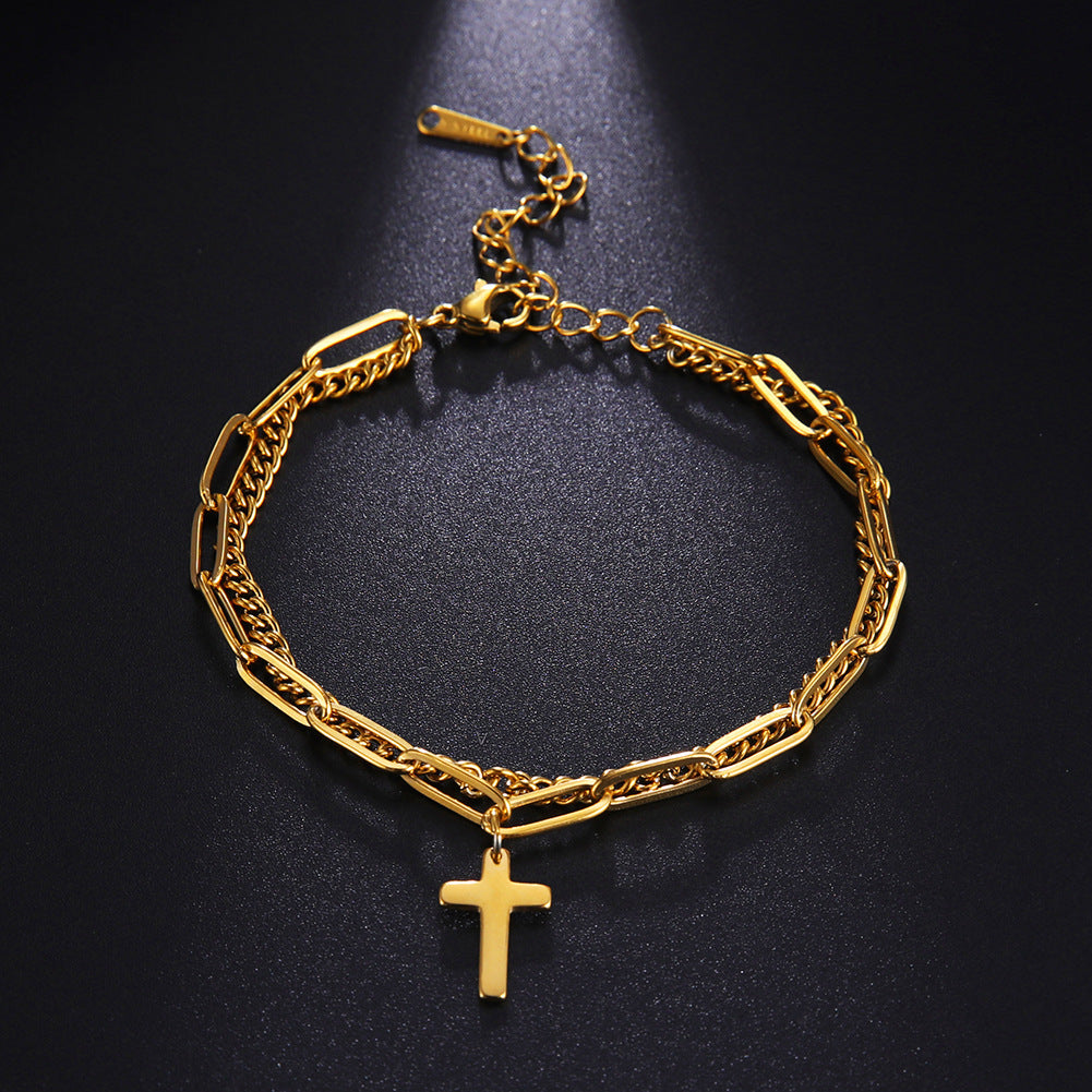 Double Layer Cross Chain Bracelet in Titanium Steel