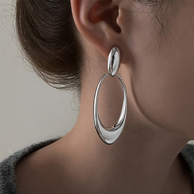 Silver Needle Round Ring Oval Earrings