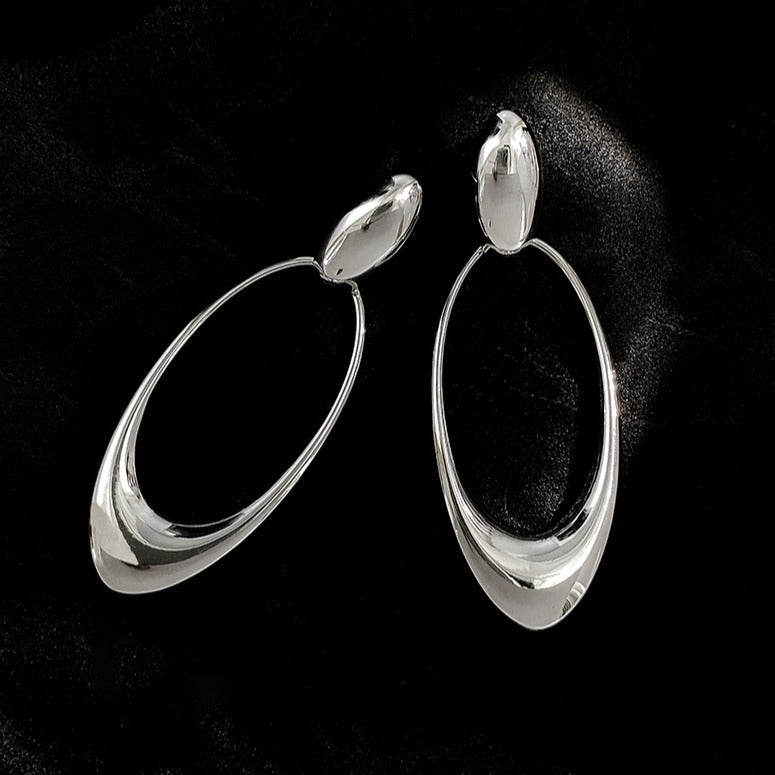 Silver Needle Round Ring Oval Earrings